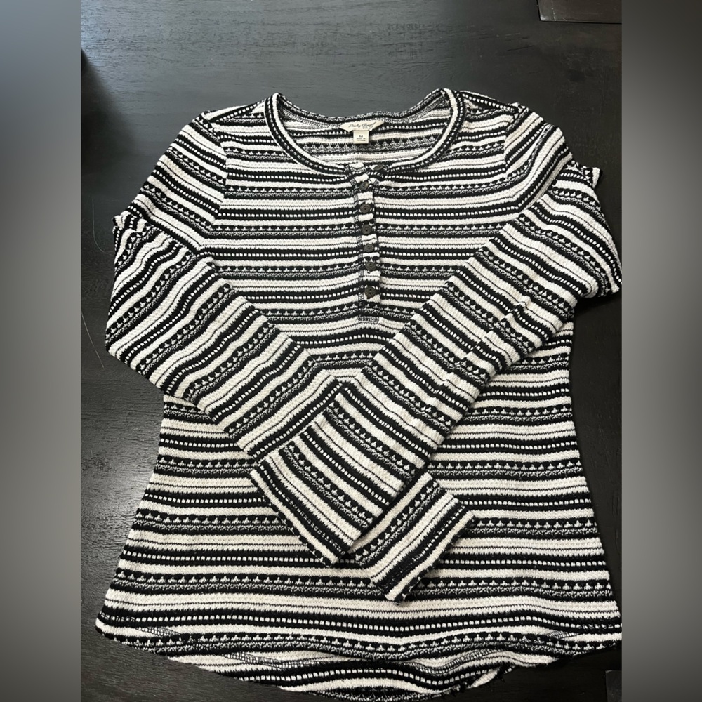 Lucky Brand Womens Black White Striped Long Sleeve Henley Top Size M Y2K Boho